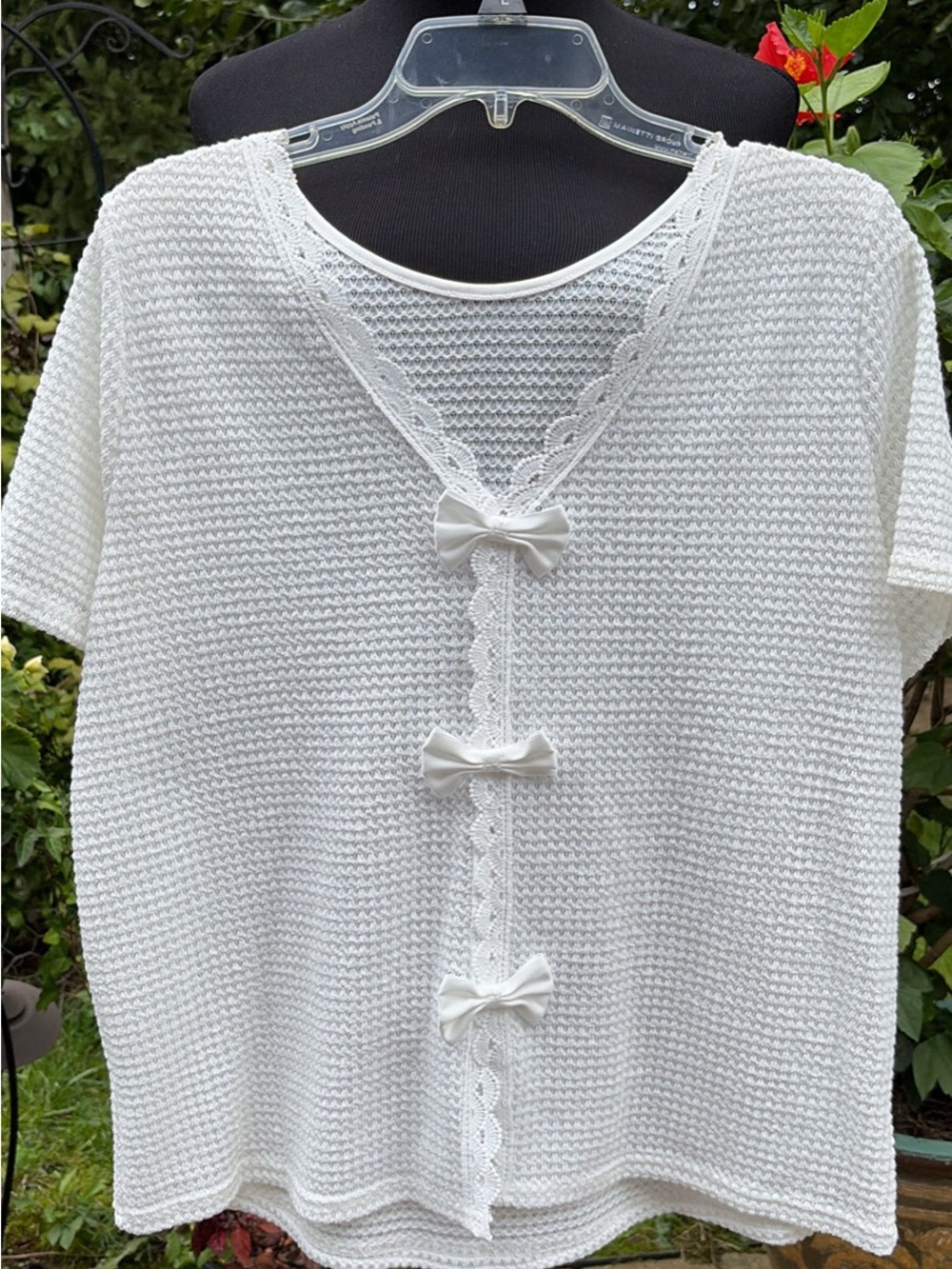 Women's White Knit Top with Ribbon Bow Accents